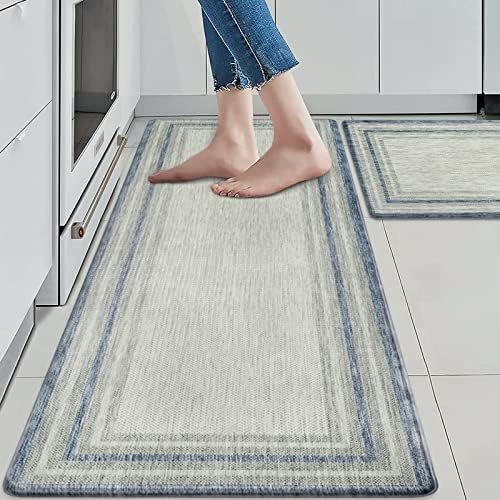 KIMODE Anti Fatigue Kitchen Mat 2PCS,Non-Skid Waterproof Kitchen Rugs,Farmhouse Kitchen Mat for Floor,Cushioned Comfort Foam Standing Mat for Laundry,Office,Sink,Desk,Blue and Gray