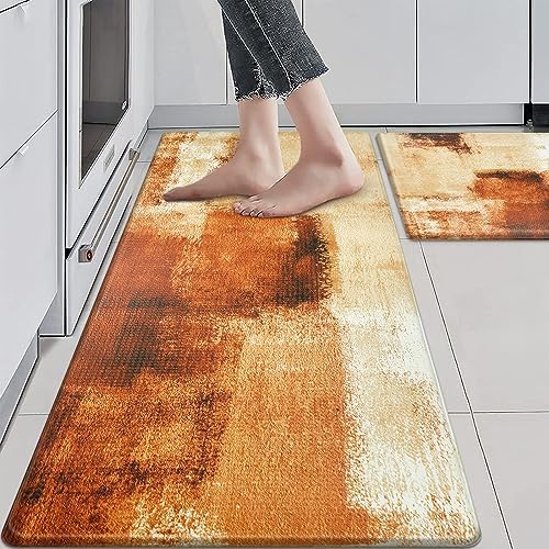 KIMODE Kitchen Mats,Boho Abstract Anti Fatigue Kitchen Rugs Sets of 2,Non Slip Waterproof Kitchen Mats for Floor,Cushioned Comfort Standing Mat for Kitchen Floor,Laundry,Sink,Orange