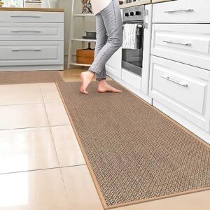 KIMODE Kitchen Rugs and Mats 2PCS,Washable Kitchen Mats for Floor with Non-Slip Rubber Backing,Absorbent Natural Farmhouse Kitchen Runner Rugs Set for Hallway/Laundry Room,20"x32"+20"x70"