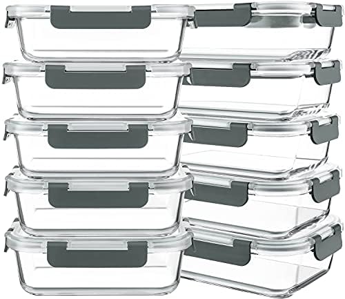 KOMUEE 10 Packs 30 oz Glass Meal Prep Containers for Food Storage with Lids,Airtight Lunch Bento Boxes,BPA Free,Microwave, Oven, Freezer and Dishwasher,Gray