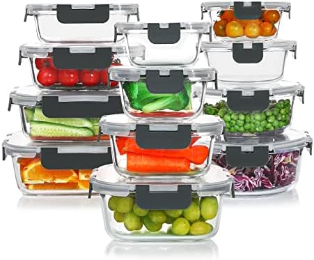 KOMUEE 24 Pieces Glass Food Storage Containers Set,Glass Meal Prep Set with Lids-Stackable Airtight lids,BPA Free,Freezer to Oven Safe,Gray