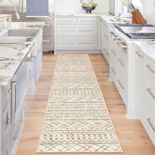 KUTA Moroccan Washable Runner Rug 2x8 Non-Slip Vintage Beige Boho Hallway Runner Kitchen Runner Rug Ultra Soft Print Distressed Geometric Floor Carpet Runner for Bedroom Bathroom Laundry Living Room