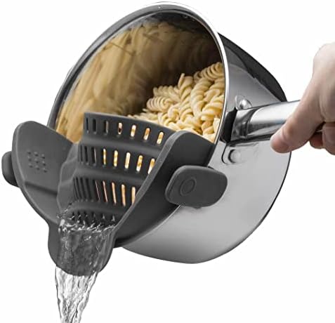 Kitchen Gizmo Snap N Strain Pot Strainer & Pasta Strainer - Adjustable Silicone Clip On Strainer for Pots, Pans, & Bowls- Kitchen Gadgets, Noodle Strainer, Food Strainer, Kitchen Gifts for Women, Gray