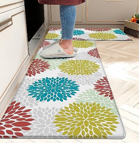 Kitchen Rug Anti Fatigue Mats for Kitchen Floor Kitchen Rugs Modern Geometric Dahlia Floral Memory Foam Kitchen Mat Cushioned PVC Leather Kitchen Rug Set, 17.3x28+17.3x47 inch, Multi