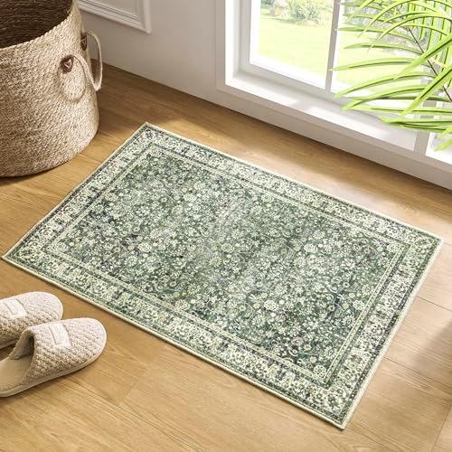 Kitchen Rugs Non Slip Washable Boho Vintage Floral Christmas Farmhouse Style Small Area Rug for Bathroom Sink Bath Entryway Indoor,2x3,Dark Green