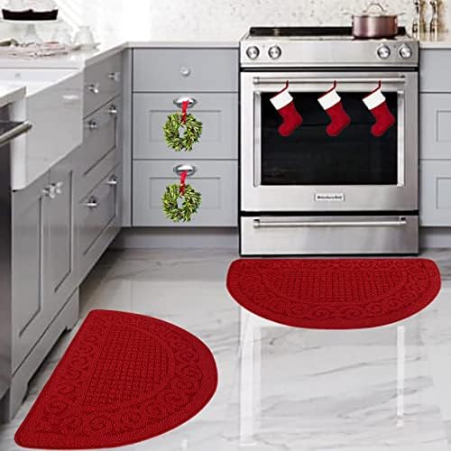 Kitchen Rugs for Floor 2 Piece 18”X30”, Non Skid Washable Kitchen Mats, Absorbent Standing Rug, Throw Rug,Half Circle Carpet for Sink,Laundry Room Area，Christmas Red