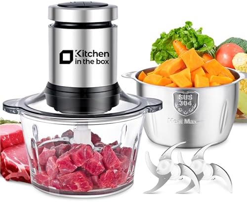 Kitchen in the box Electric Food Processors Small Food Chopper with Container Meat Grinder for Home Use Baby Food processor with 2 Bowls (8 Cup+8 Cup)& 2 Bi-Level Blades, 400 W