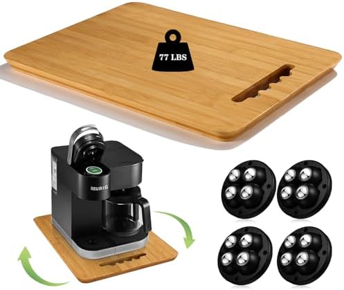 Kssiaz Bamboo Appliance Slider, 360° Rotation Sliding Tray for Coffee Maker, Slider for Counter Heavy Kitchen Appliances, Appliance Rolling Tray with Wheels, Slides Easily from Countertop, 12" x 16"