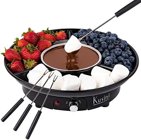 Kusini Electric Fondue Pot Set - Chocolate Fondue Kit - Temperature Control, Detachable Serving Trays, & 4 Roasting Forks - Gift Set & Date Night Idea. Serve at Movie Night or Game Night.