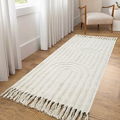 LEEVAN Boho Kitchen Runner Rug 2'x4' Cotton Laundry Room Rug Beige Rainbow Rug with Tassels Washable Farmhouse Bathroom Rugs Runner Bohemian Rugs for Bedroom Hallway Throw Runner Rug/Kitchen Sink