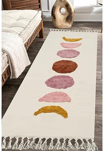 LINROMIA Boho Bathroom Runner 2' x 4.3' Woven Tufted Hallway Runner Rug with Tassel Farmhouse Moon Phases Rug Kitchen Runner Mat Washable Cotton Bedroom Carpet for Entryway Laundry Room Beige