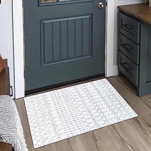 LIVEBOX White Moroccan Washable Rug 2x3 - Thin Entryway Rug Boho Indoor Rug for Kitchen Bathroom, Print Geometric Small Throw Rug, Non-Slip Doormat Soft Carpet for Front Door Sink Entry RV