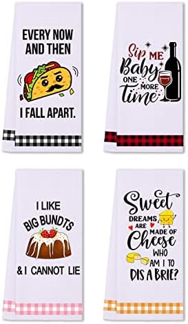 LXOMILL Funny Kitchen Towels, Cute Decorative Dish Towels Sets, Absorbent Waffle Hand Towels, Housewarming Gifts for New Home, Women, Mom, Set of 4, Funny House Warming Presents, Hostess Gifts