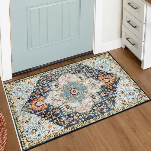 Lahome Area Rugs 2x3 Blue Entryway Rug Non-Slip Washable Small Kitchen Rug, Bohemian Floral Ultra Soft Printed Throw Indoor Door Mat Floor Carpet for Entrance Bathroom Bedside, Blue/Multi