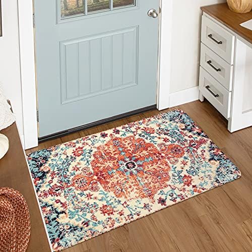 Lahome Bohemian Floral Medallion Area Rug - 2x3 Oriental Distressed Small Bath Rug Country Vintage Doormat Faux Wool Non-Slip Washable Low-Pile Carpet for Bathroom Kitchen Laundry Room Decor