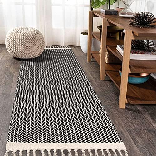 Lahome Boho Hallway Runner Rug, 2x6 Laundry Room Lightweight Entry Woven Cotton Throw Mat with Tassels, Farmhouse Non-Shedding Washable Black Low Pile Runner for Kitchen Bathroom