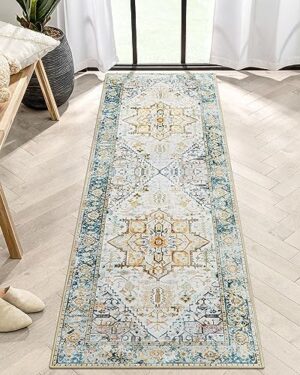 Lahome Boho Washable Kitchen Runner Rug - 2x6 Runners for Hallways with Rubber Backing Throw Lightweight Non-Slip Laundry Room Rug Runner, Oriental Print Distressed Carpet Runner for Bathroom Bedroom