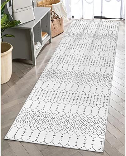 Lahome Moroccan Washable Runner Rug - 2x6 Non-Slip Throw Hallway Runner Rug Ultra-Thin Soft Kitchen Runner Laundry Room Rug White Print Distressed Carpet Runner for Entryway Bathroom Living Room