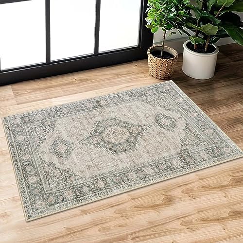 Lahome Oriental Kitchen Rugs Non Slip - 2x3 Entryway Rugs Indoor Printed Small Rugs, Stain Resistance Vintage Soft Throw Carpet for Kitchen Front Door Bathroom Bedroom,(2x3ft,Grey/Brown)