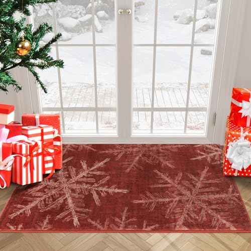 Lahome Snowflake Christmas Area Rug, 2x4 Washable Christmas Kitchen Rugs for Entryway Soft Doormat Indoor, Small Red Rug Non-Slip Holiday Decor Entryway Rugs for Bathroom Bedroom(2x4ft,Red)