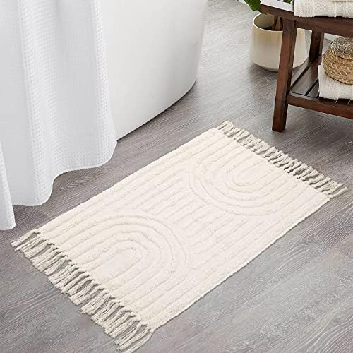 Lanffia Boho Bathroom Rug 2' x 3', Washable Small Front Entryway Rug, Beige Hand-Woven Tufted Cotton Rainbow Rug with Tassels Farmhouse Kitchen Rugs for Foyer Bedroom Back Door Decor