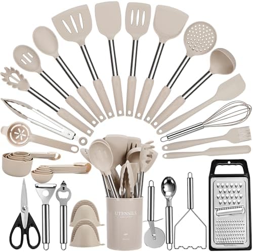 Large Cooking Utensils Set, 35 Pcs Spatula Set with Holder, Silicone Kitchen Utensils Set with Stainless Steel Handle, Cheese Grater, Scissors, Ice Cream Scoop, Pizza Cutter Kitchen Gadgets (Khaki)