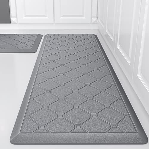 Latida Kitchen Mats 2 PCS Cushioned Anti Fatigue Rugs and Mat, 1/2 Inch Thick Waterproof Non Slip Rug Set, PVC Non Skid Comfort Cushion Mat for Kitchen Floor Sink Office Laundry, Grey