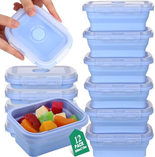 Layhit 12 Pcs Silicone Collapsible Food Storage Containers with Lid Vent Flat Stackable Travel Food Containers Collapsible Lunch Box Camping Food Bowl Microwave Freezer Dishwasher Safe(12 Oz)