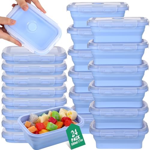 Layhit 24 Pieces Collapsible Food Storage Containers Silicone Food Storage Containers Blue Collapsible Bowls with Lids and Vent for Freezer Microwave Dishwasher RV Organization Food Container (27 oz)