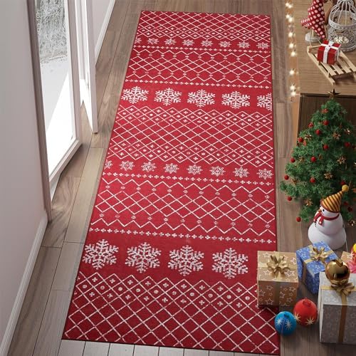 Lazzzy Christmas Runner Rug 2x8 Red Hallway Rugs Xmas Snowflake Runner Kitchen Washable Rug, Non Slip Moroccan Carpet Holiday Decor Geometric Soft Rug for Bedroom Bathroom Laundry Living Room