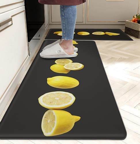 Lemon Kitchen Rugs Set 2 Pieces Black and Yellow Kitchen Mats 0.4inch Anti Fatigue 3D Print Floor Rug Non Slip Comfort Standing Mat for Kitchen Office Laundry Room,17.3x28+17.3x47 Inch