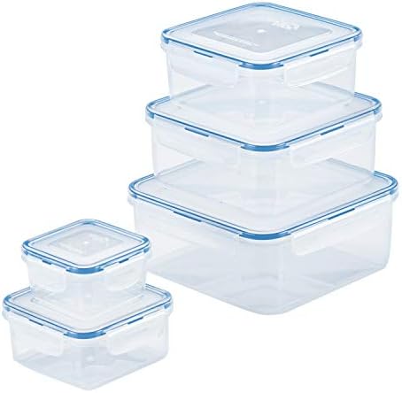 LocknLock Easy Essentials Food Storage lids/Airtight containers, BPA Free, 10 Piece - Square, Clear