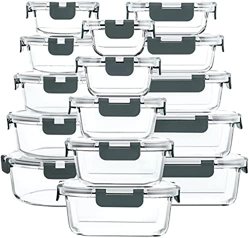 M MCIRCO 30 Pieces Glass Food Storage Containers with Upgraded Snap Locking Lids - Airtight Containers, Microwave, Oven, Freezer and Dishwasher Friendly Meal Prep/Lunch Containers Set