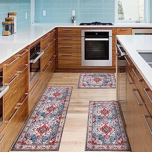 MATBAR Kitchen Rugs 3 Piece Set Non Slip Rubber Kitchen mats for Floor Low-Profile Boho Rug Sets Washable Comfortable Hallway Runner Rugs for Laundry Room