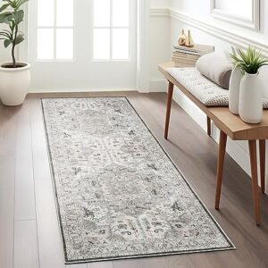 Madane Washable Runner Rug 2x7, Hallway Laundry Room Kitchen Entryway, Non Slip Rug Runners with Rubber Backing, Non Skid Stain-Resistant Non Shedding Durable Vintage Runners (2'x7', Brown/Ivory)