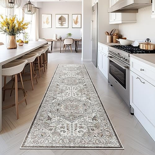 Madane Washable Runner Rug - 2x8 Runners for Hallways Kitchen Non-Slip Runner Rugs Ultra-Thin Laundry Room Rug Throw Carpet Runner for Entrance Living Dinning Room Foyer (Brown/Ivory, 2 x 8)