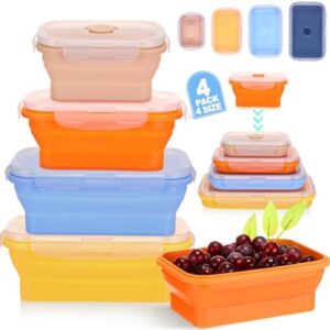 Maxcheck 4 Pcs 4 Size Square Silicone Collapsible Food Storage Containers with Clear Lid Silicone Collapsible Bowls Kitchen Stackable Lunch Box for Pantry Organization Microwave Freezer (Fresh Color)