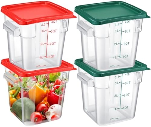 Maxcheck 4 Pcs 4Qt Food Storage Container with Lids Set Square Clear Commercial Containers with Scale and Handle Space Saving for Home Kitchen Restaurant Proof Dough Marinating Meat (Red, Green)