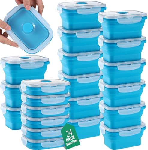 Maxcheck Set of 24 Silicone Collapsible Food Storage Containers with Lids Vent 12 oz Collapsible Meal Container for Kitchen Lunch Boxes Microwave Freezer Safe (Blue)