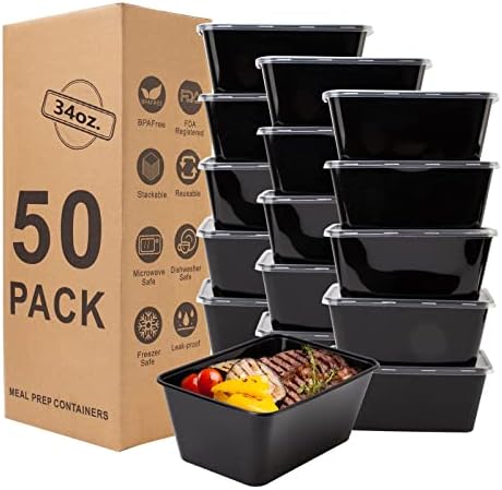 Meal Prep Containers, [34oz 50Pack] Food Prep Containers with Lids, Disposable To Go Containers, Plastic Food Storage Containers with Lids, BPA Free, Stackable, Microwave/Dishwasher/Freezer Safe