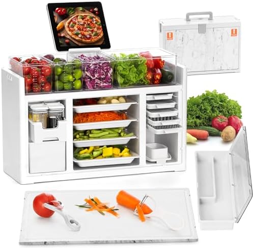 Meal Prep Containers Station - 4 Food Storage Containers, 1 Cutting Board, 5 Mandoline Food Slicers, 6 Portion Cups, 4 Dinner Plates, 2 Vegetable Peeler, 1 Drawer Organizer, 1 Phone Stand, 1 Trash Can