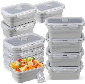 Mifoci Set of 8 Silicone Collapsible Food Storage Containers 17 oz Collapsible Meal Prep Container Square Collapsible Bowl with Vent Lids, Microwave, Freezer and Dishwasher Safe (Gray)