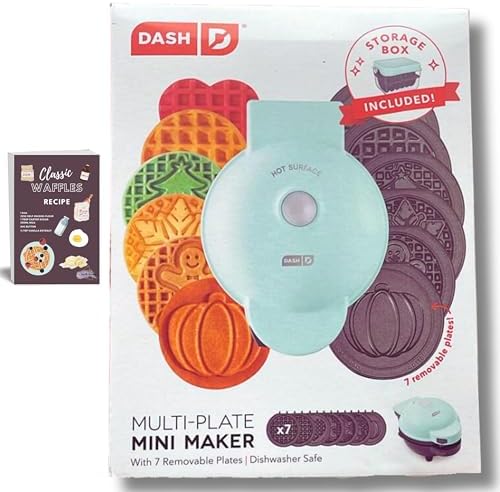 Mini Waffle Maker with 7 Removable Plates - Includes Storage container and Bundled with Waffle Recipe Card by Infinite Abundance Bundles