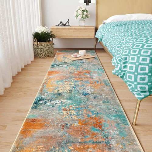 Morebes Modern 2x8ft Rug Runners for Hallways with Rubber Backing, Washable Kitchen Runner Rug Non Slip Soft Faux Woolen Indoor Carpet Floor Runners for Foyer Entryway Kitchen,Colorful