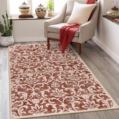 Morebes Vintage Floral 3x5 Area Rug Washable Rugs for Bedroom Aesthetic,Red Kitchen Rug Non Slip,Soft Entryway Bathroom Mat,Indoor Accent Floor Carpet for Nursery Entrance Coffee Table