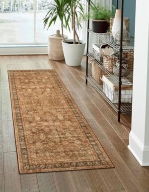 Morebes Washable Runner Rug,Boho Runner Rugs for Hallway 2x6, Non Slip Bathroom Rug, Non Shedding Distressed Floral Kitchen Mat Indoor Entrance Floor Carpet Runner for Dorm, Brown