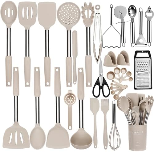 NCUE Kitchen Utensils Set, 35 Pcs Silicone Cooking Utensils Set with Holder, with Stainless Steel Handle Spatula Set, Spoons, Pasta Server, Cheese Grater, Masher, Scissors, Dishwasher Safe (Khaki)