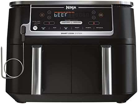 Ninja DZ550 Foodi 10 Quart 6-in-1 DualZone Smart XL Air Fryer with 2 Independent Baskets, Thermometer for Perfect Doneness, Match Cook & Smart Finish to Roast, Dehydrate & More, Grey