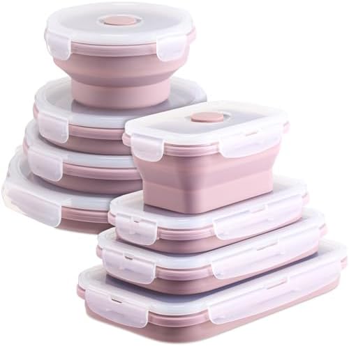 Nuanchu 8 Pcs Collapsible Food Storage Containers Silicone Airtight Collapsible Bowls with Lids Rectangular and Round Stackable Microwave Lunch Containers, Freezer, Dishwasher Safe (Pink)