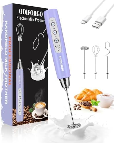 ODIFORGO Rechargeable Milk Frother Handheld, Coffee Frother Wand with 3 Stainless Whisks 3 Speed Adjustable, Electric Whisk, Drink Mixer Stirrer Electric, Foam Maker Blender for Latte Matcha Egg